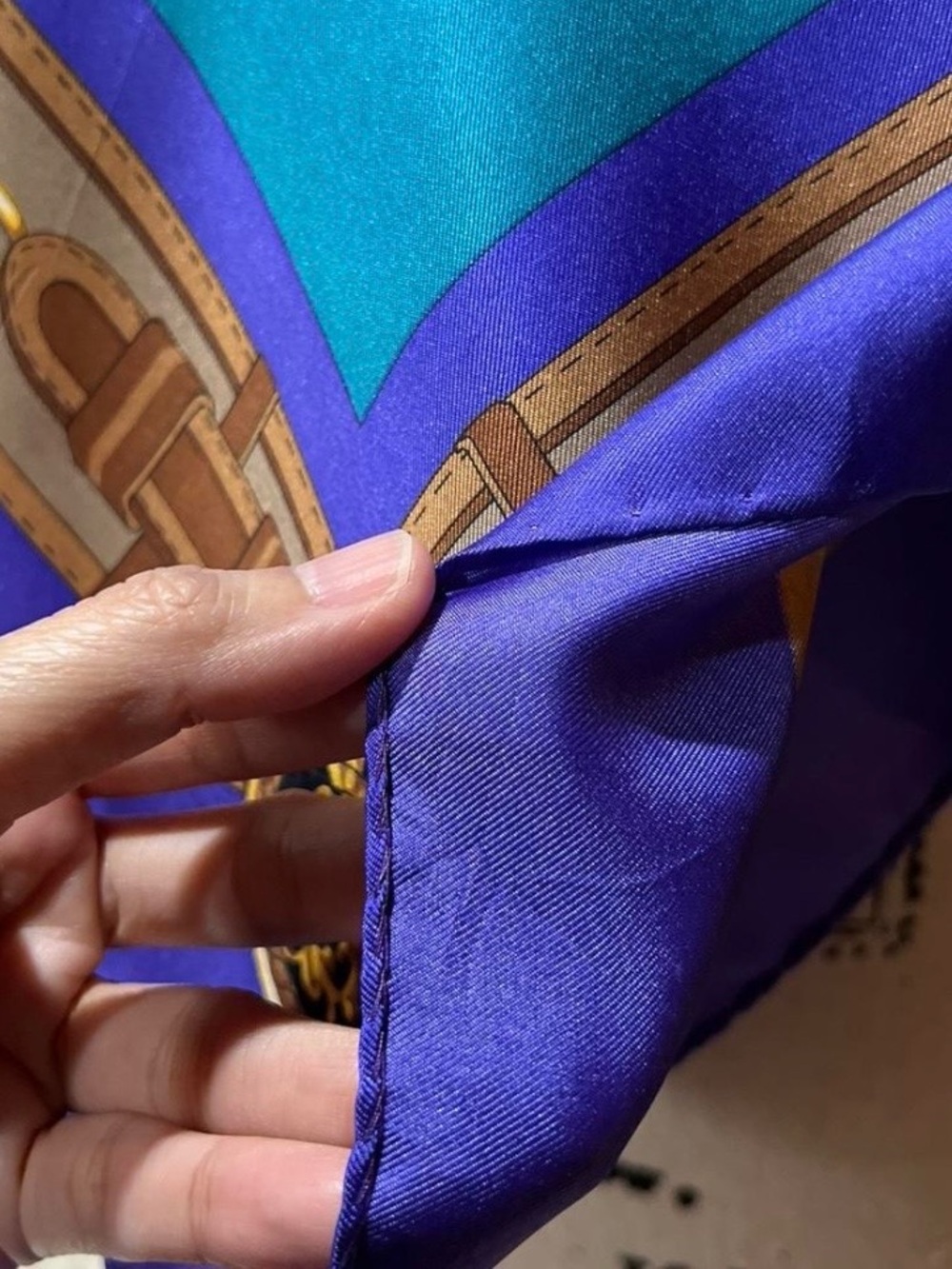 Weill Paris Vintage Silk Scarf with Carriage Chain Design Teal & Purple 34”x34” - Picture 7 of 8